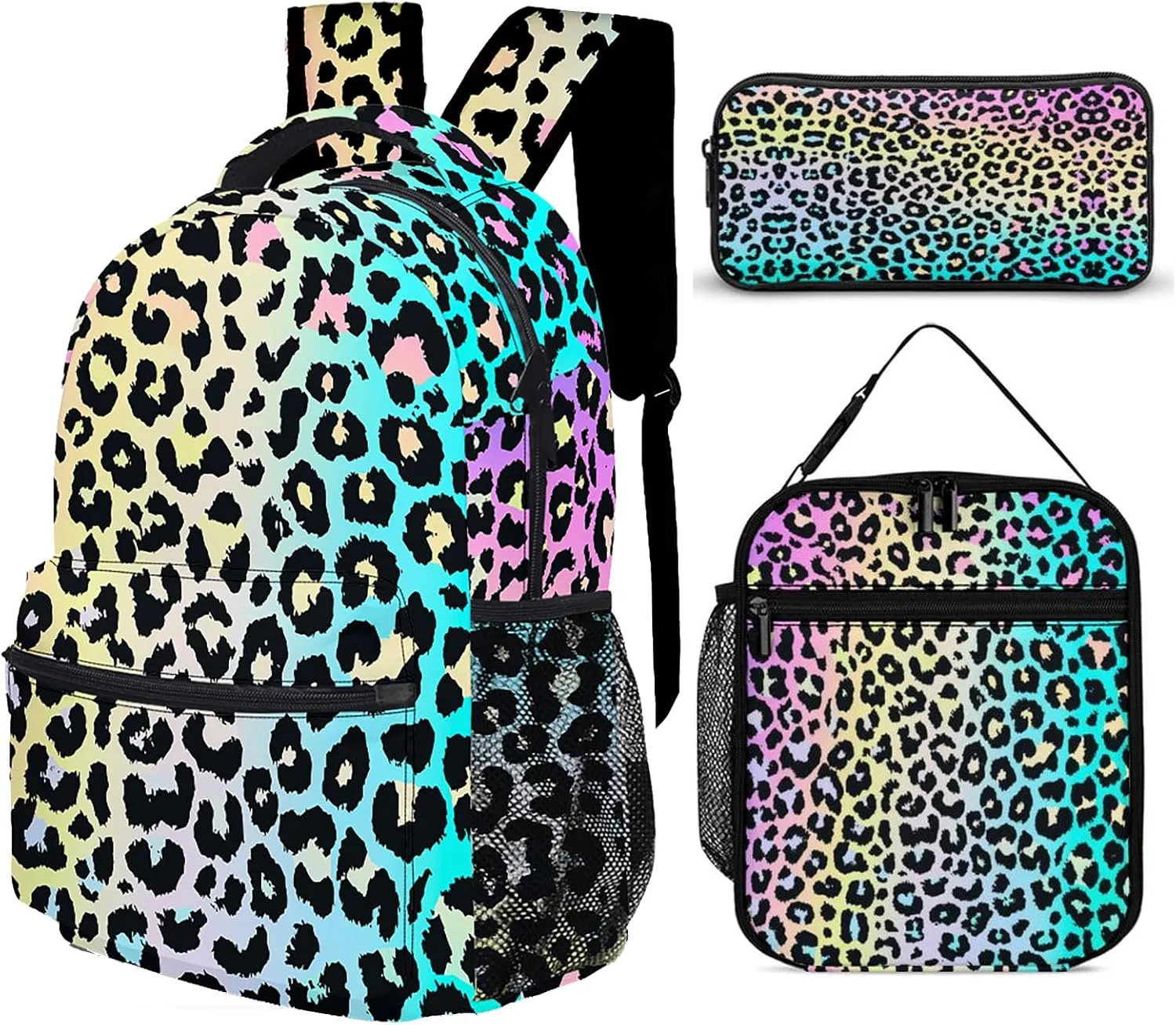 3pcs Colorful Leopard Print Backpack Set, Multi-functional Laptop Bag 17in Water Resistant Travel Daypack, Large Capacity Double Shoulder Backpack With Lunch Bag (Colorful Leopard Print