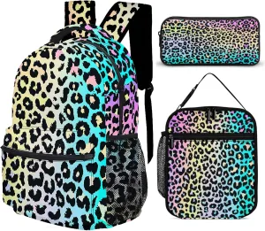 3pcs Colorful Leopard Print Backpack Set, Multi-functional Laptop Bag 17in Water Resistant Travel Daypack, Large Capacity Double Shoulder Backpack With Lunch Bag (Colorful Leopard Print