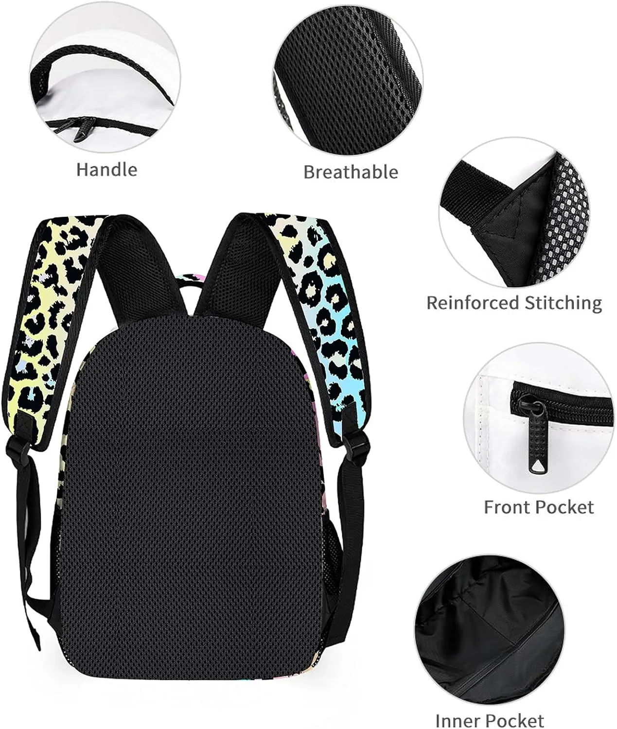3pcs Colorful Leopard Print Backpack Set, Multi-functional Laptop Bag 17in Water Resistant Travel Daypack, Large Capacity Double Shoulder Backpack With Lunch Bag (Colorful Leopard Print