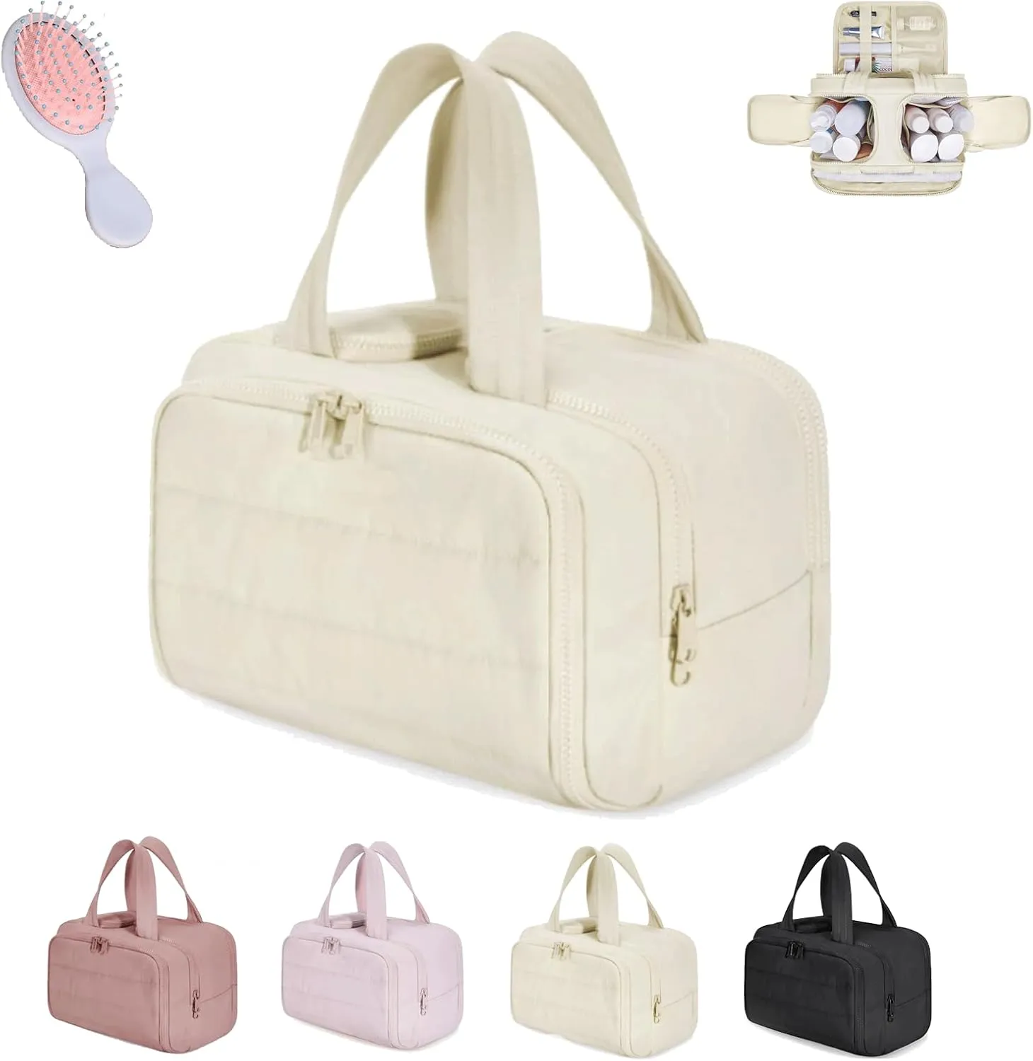 4-In-1 Puffy Multi-Functional Toiletry Bag, Travel Toiletry Bag for Women, Lightweight Cosmetic Makeup Organizer with Handle for Accessories Essentials (Beign)