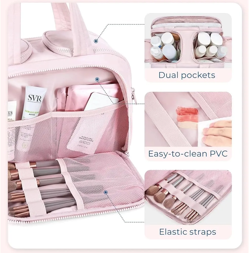 4-In-1 Puffy Multi-Functional Toiletry Bag, Travel Toiletry Bag for Women, Lightweight Cosmetic Makeup Organizer with Handle for Accessories Essentials (Beign)