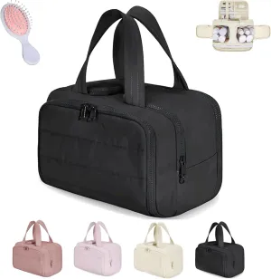 4-In-1 Puffy Multi-Functional Toiletry Bag, Travel Toiletry Bag for Women, Lightweight Cosmetic Makeup Organizer with Handle for Accessories Essentials (Black)