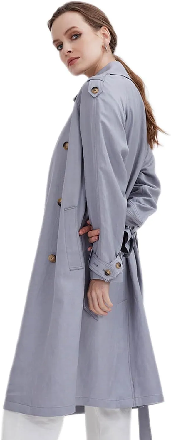 ASSUAL Womens 3/4 Length Trench Coat, Classic Double Breasted Lapel Belt Windbreaker For Workplace Business Commuting
