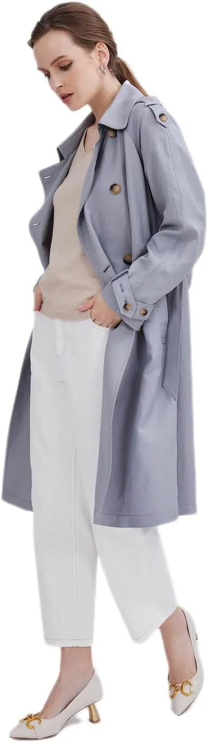 ASSUAL Womens 3/4 Length Trench Coat, Classic Double Breasted Lapel Belt Windbreaker For Workplace Business Commuting
