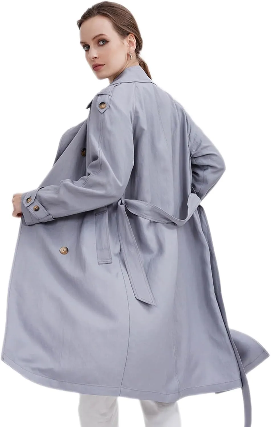 ASSUAL Womens 3/4 Length Trench Coat, Classic Double Breasted Lapel Belt Windbreaker For Workplace Business Commuting