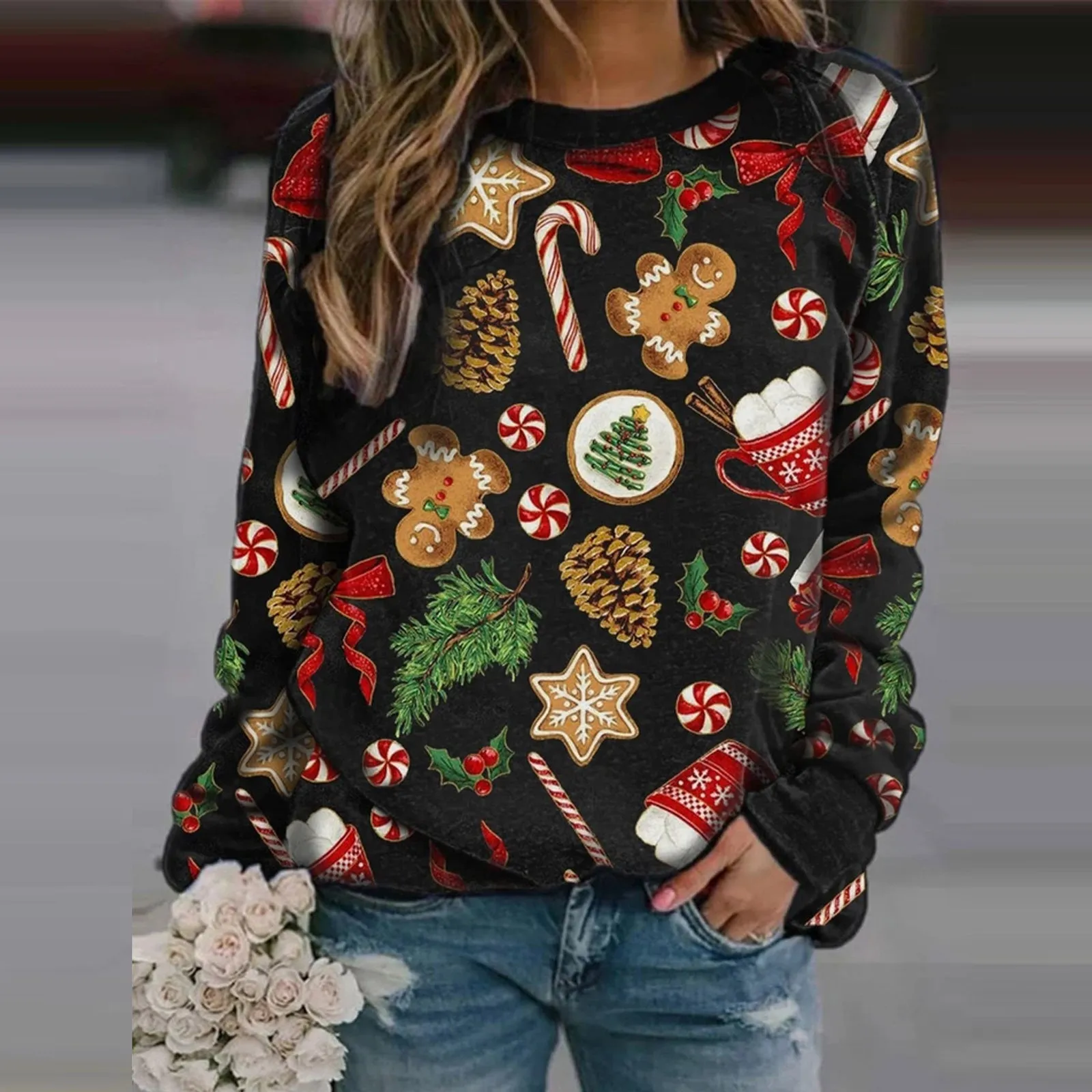 autumn and winter Christmas women's new sweater Christmas gift printed round neck long sleeve fleece sweater