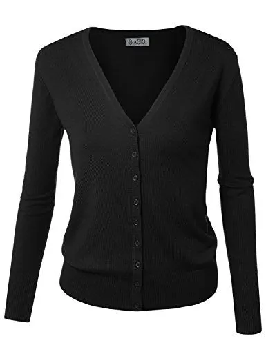 BIADANI Women Button Down Long Sleeve Soft V-Neck Cardigan Sweater Black Medium