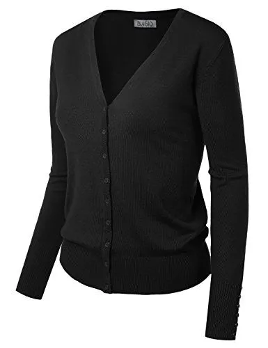 BIADANI Women Button Down Long Sleeve Soft V-Neck Cardigan Sweater Black Medium