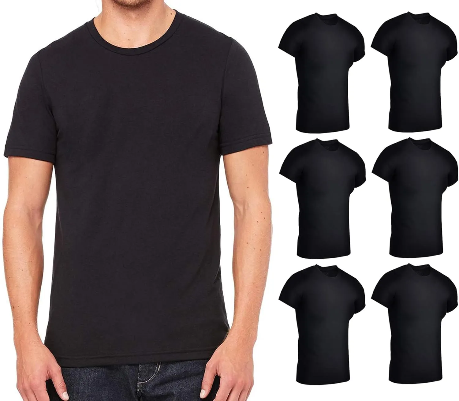 BILLIONHATS 6 Pack Mens Cotton Short Sleeve Lightweight T-Shirts, Bulk Crew Tees for Guys, Black Colors Bulk Pack (Small)