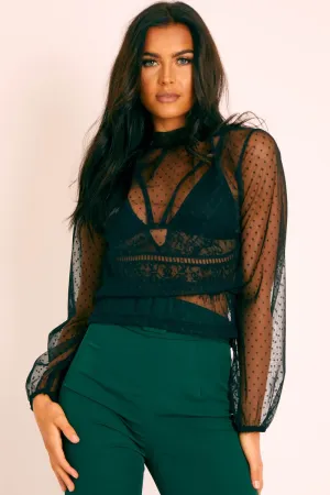Black Polka Mesh Long Sleeve High Neck Blouse - Gyselle