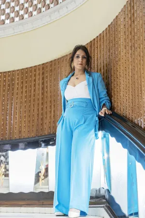 Blue High Waist Front Pleat trouser with Belt