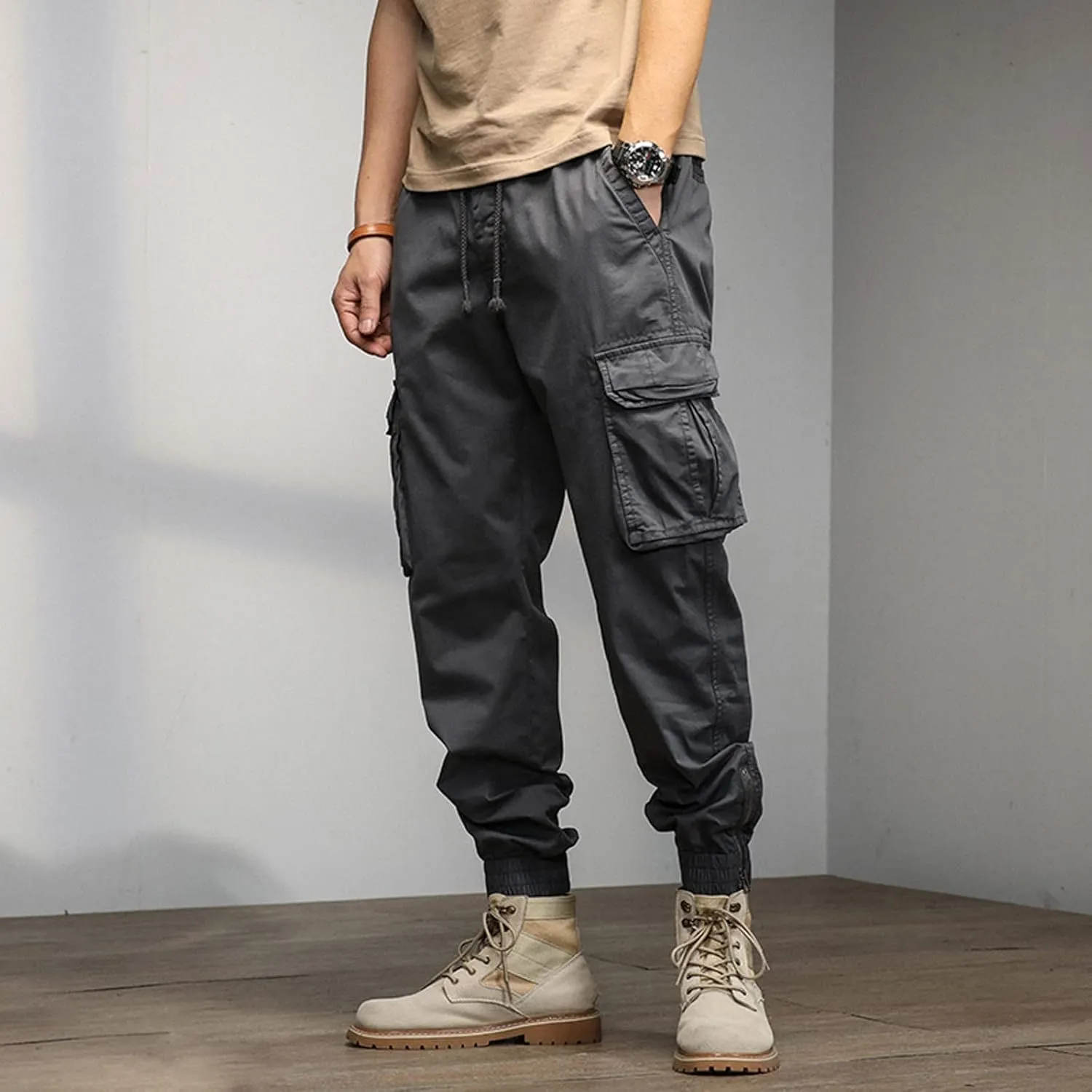 Cargo Pants for Men Big and Tall, Streetwear Khaki Baggy Pants with Zipper Pockets Men Outdoor Cargo Pant Relaxed Fit