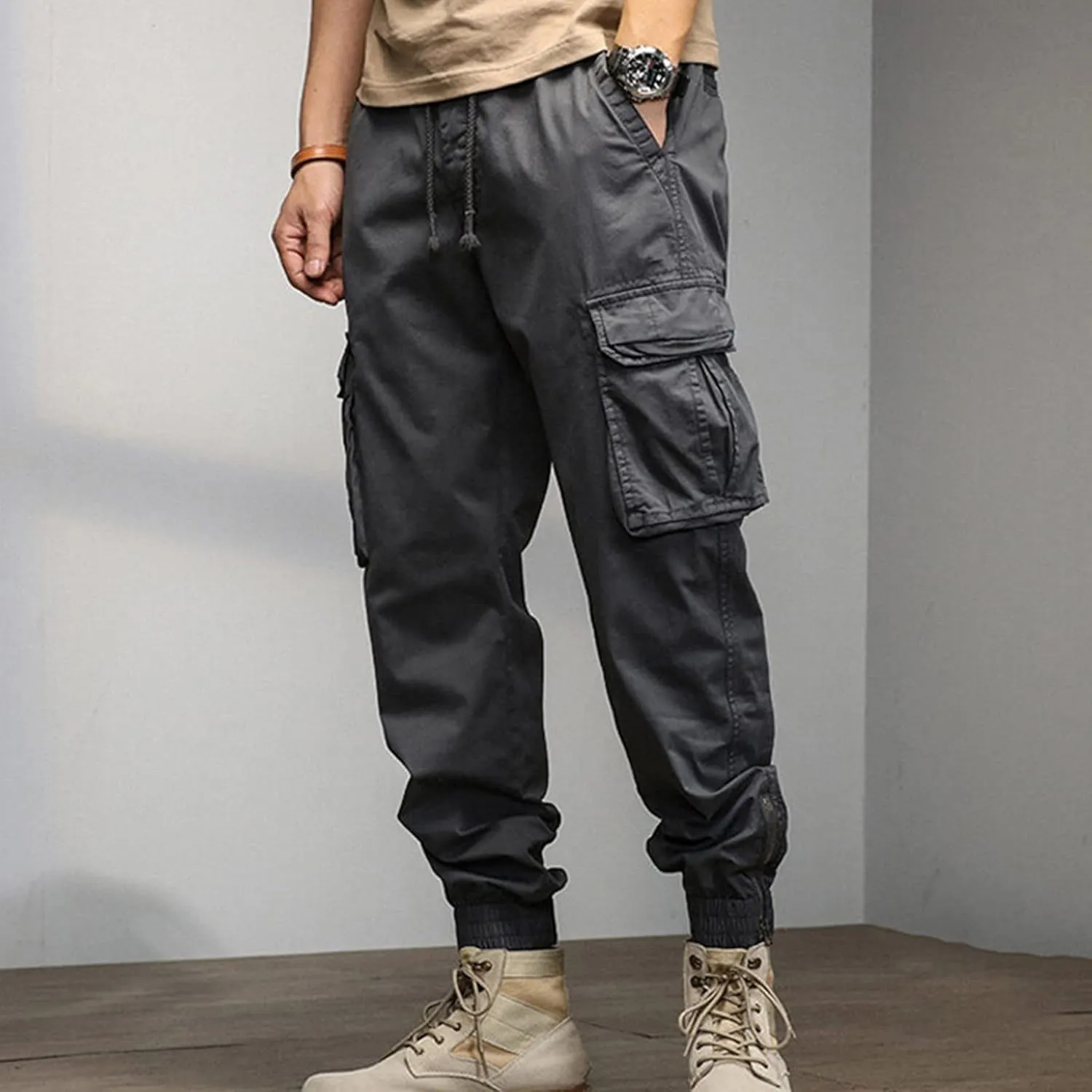 Cargo Pants for Men Big and Tall, Streetwear Khaki Baggy Pants with Zipper Pockets Men Outdoor Cargo Pant Relaxed Fit