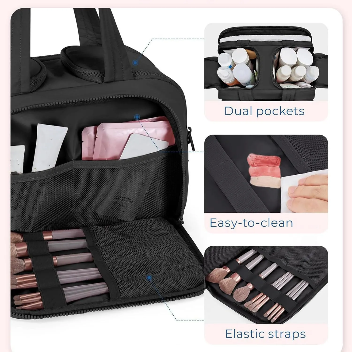 Cureaway Travel Cosmetic Bag, 4-in-1 Puffy Multi-functional Toiletry Bag, Large Capacity Wide-Open Travel Cosmetic Bag, Pouch Open Flat Toiletry Bags (Beige)