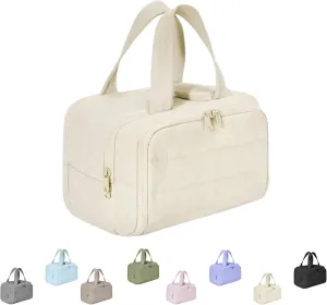 Cureaway Travel Cosmetic Bag, 4-in-1 Puffy Multi-functional Toiletry Bag, Large Capacity Wide-Open Travel Cosmetic Bag, Pouch Open Flat Toiletry Bags (Beige)