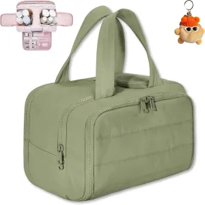 Cureaway Travel Cosmetic Bag, Large Capacity Wide-Open Travel Cosmetic Bag, 4-In-1 Puffy Multi-Functional Toiletry Bag for Women, Divider and Handle, Lightweight (GREEN)