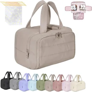 Cureaway Travel Cosmetic Bag, Large Capacity Wide-Open Travel Cosmetic Bag, 4-In-1 Puffy Multi-Functional Toiletry Bags for Women, Waterproof Portable Pouch Open Flat (BROWN)