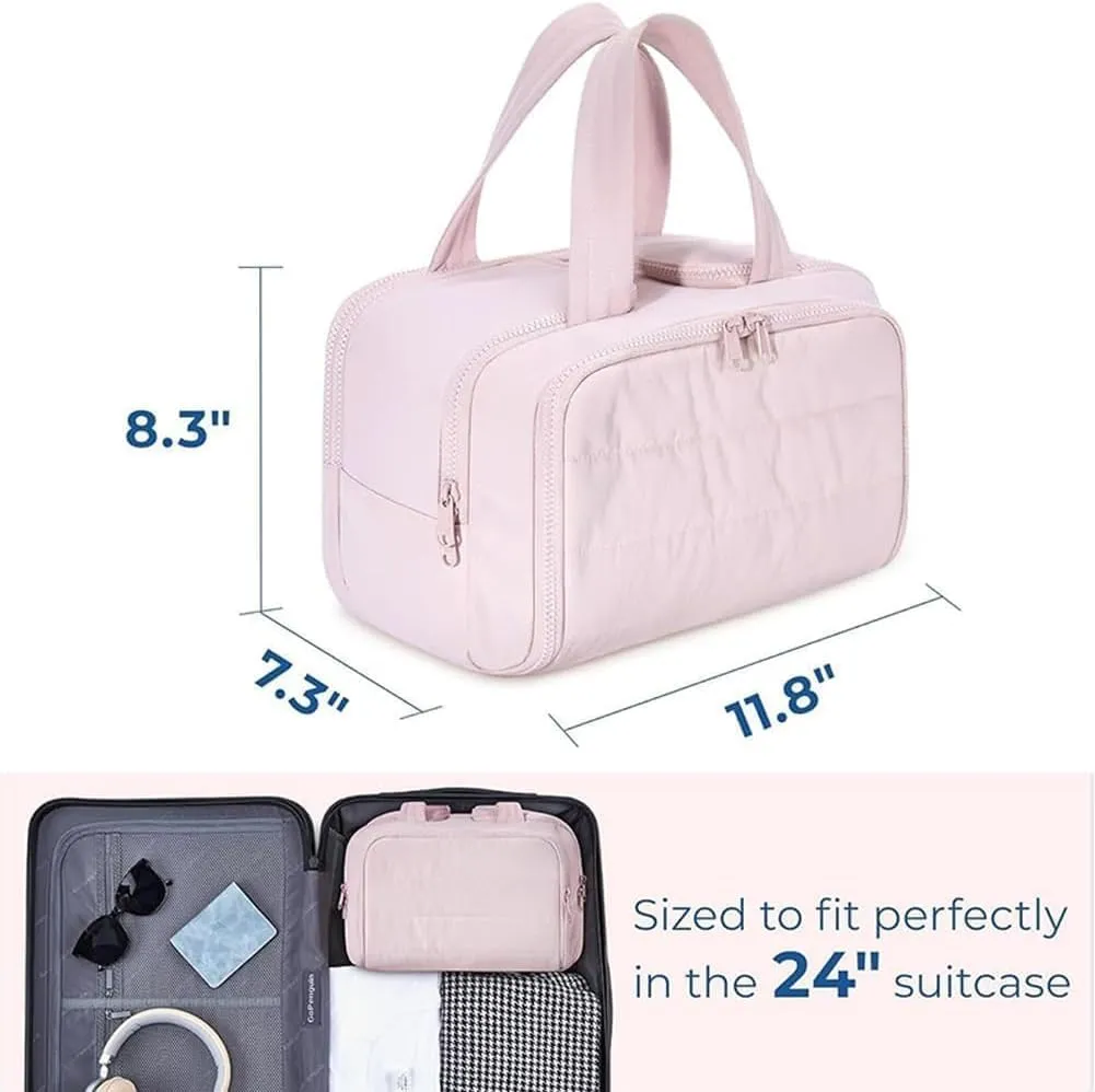 Cureaway Travel Cosmetic Bag, Large Capacity Wide-Open Travel Cosmetic Bag, 4-In-1 Puffy Multi-Functional Toiletry Bags for Women, Waterproof Portable Pouch Open Flat (BROWN)