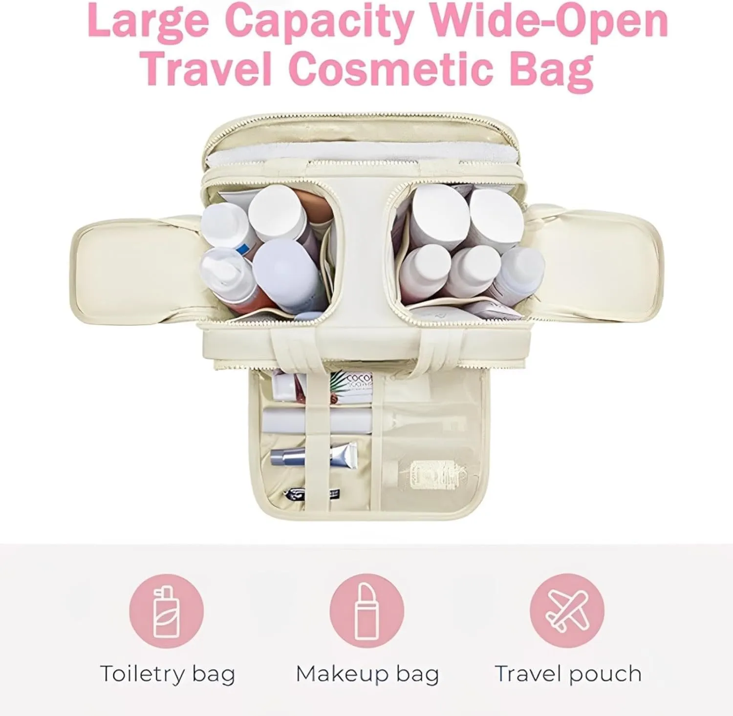 Cureaway Travel Cosmetic Bag, Large Capacity Wide-Open Travel Cosmetic Bag, 4-In-1 Puffy Multi-Functional Toiletry Bags for Women, Waterproof Portable Pouch Open Flat (BROWN)