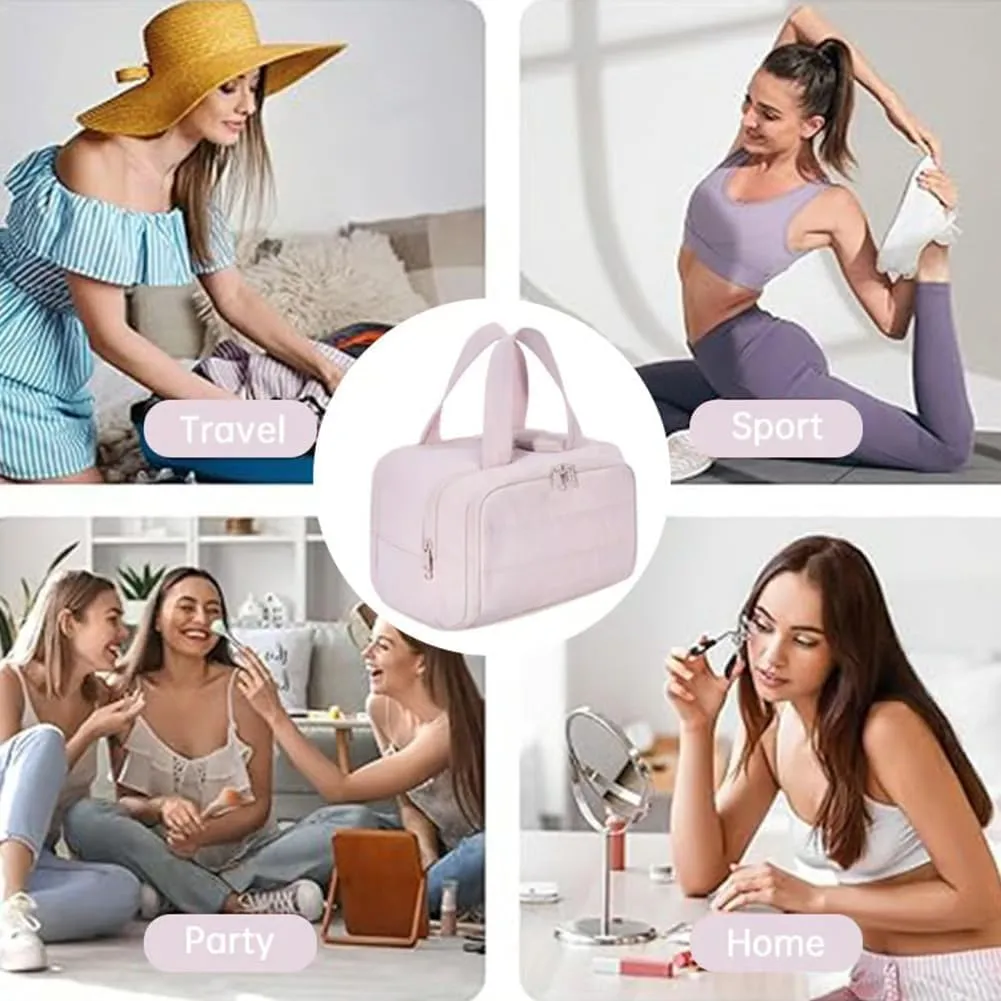 Cureaway Travel Cosmetic Bag, Large Capacity Wide-Open Travel Cosmetic Bag, 4-In-1 Puffy Multi-Functional Toiletry Bags for Women, Waterproof Portable Pouch Open Flat (BROWN)