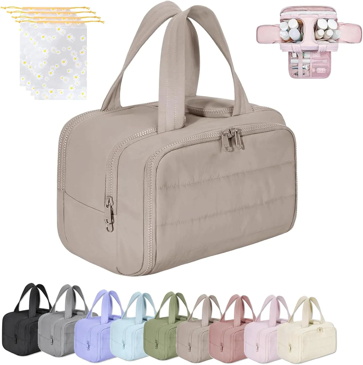 Cureaway Travel Cosmetic Bag, Large Capacity Wide-Open Travel Cosmetic Bag, 4-In-1 Puffy Multi-Functional Toiletry Bags for Women, Waterproof Portable Pouch Open Flat (BROWN)