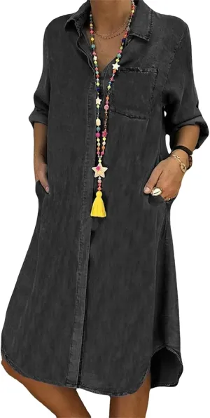 Denim Dress for Women Plus Size Casual Loose Long Sleeve Classic Vintage Button Down Jean Shirt Dresses Midi Dress