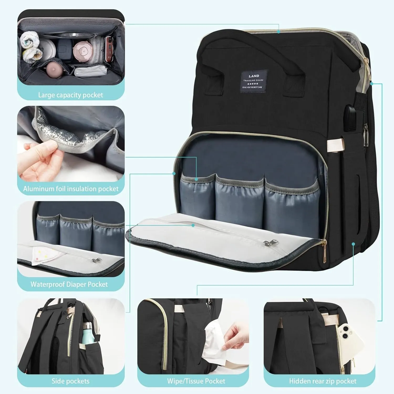 Diaper Bag with Changing Station, Diaper Bag Backpack, Multi-Functional Travel Bag, Waterproof Diaper Bag, Baby Diaper Bag, Baby Bag for Boys Girls, Black