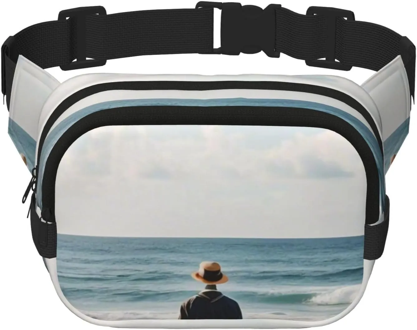 Double Layer Waist Bag for Men & Women,Adjustable Waterproof Running Belt,Multi-Functional Fanny Pack with Beach Picture Print for Travel,Hiking,Fitness