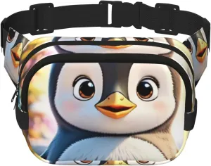 Double Layer Waist Bag for Men & Women,Adjustable Waterproof Running Belt,Multi-Functional Fanny Pack with Cute Cartoon Penguin Print for Travel,Hiking,Fitness