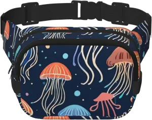 Double Layer Waist Bag for Men & Women,Adjustable Waterproof Running Belt,Multi-Functional Fanny Pack with Dancing Jellyfish Print for Travel,Hiking,Fitness