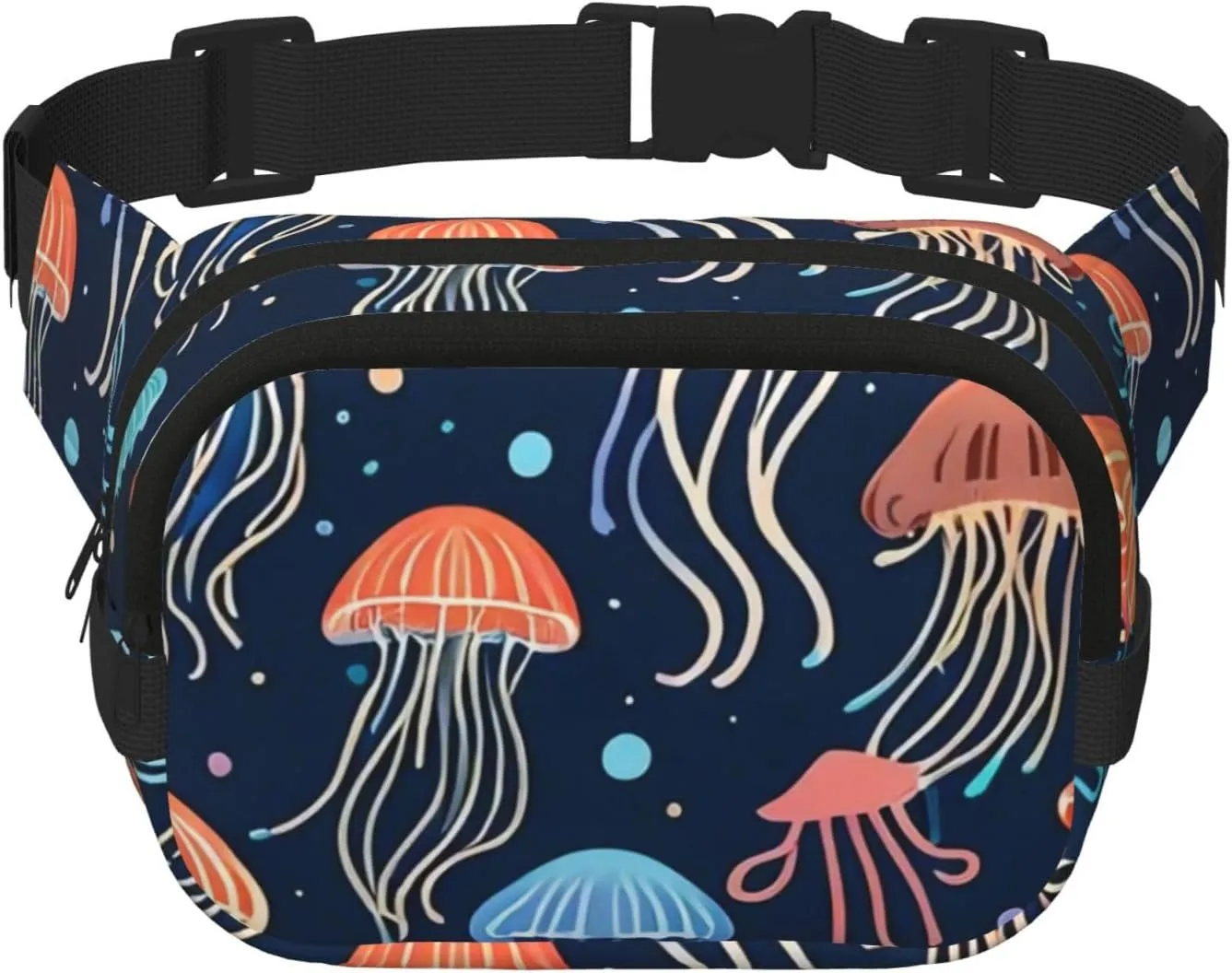 Double Layer Waist Bag for Men & Women,Adjustable Waterproof Running Belt,Multi-Functional Fanny Pack with Dancing Jellyfish Print for Travel,Hiking,Fitness