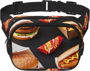 Double Layer Waist Bag for Men & Women,Adjustable Waterproof Running Belt,Multi-Functional Fanny Pack with Fast Food Print for Travel,Hiking,Fitness