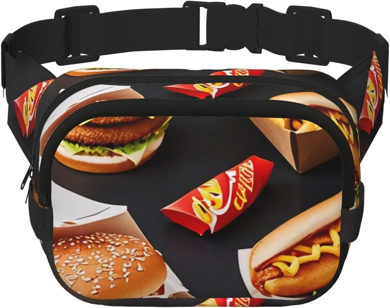 Double Layer Waist Bag for Men & Women,Adjustable Waterproof Running Belt,Multi-Functional Fanny Pack with Fast Food Print for Travel,Hiking,Fitness