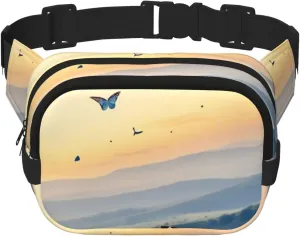 Double Layer Waist Bag for Men & Women,Adjustable Waterproof Running Belt,Multi-Functional Fanny Pack with Flying Butterflies Print for Travel,Hiking,Fitness