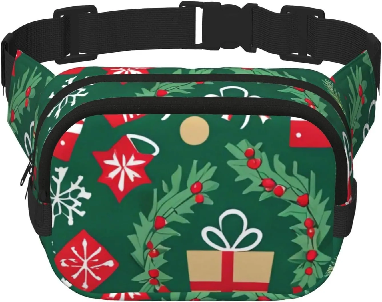 Double Layer Waist Bag for Men & Women,Adjustable Waterproof Running Belt,Multi-Functional Fanny Pack with Merry Christmas Pattern Print for Travel,Hiking,Fitness