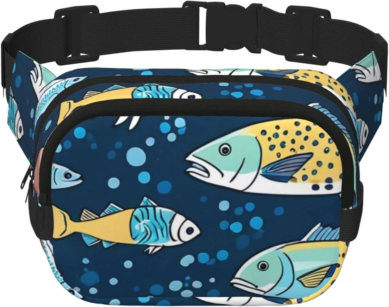 Double Layer Waist Bag for Men & Women,Adjustable Waterproof Running Belt,Multi-Functional Fanny Pack with Ocean Fish Print for Travel,Hiking,Fitness