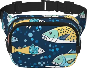 Double Layer Waist Bag for Men & Women,Adjustable Waterproof Running Belt,Multi-Functional Fanny Pack with Ocean Fish Print for Travel,Hiking,Fitness