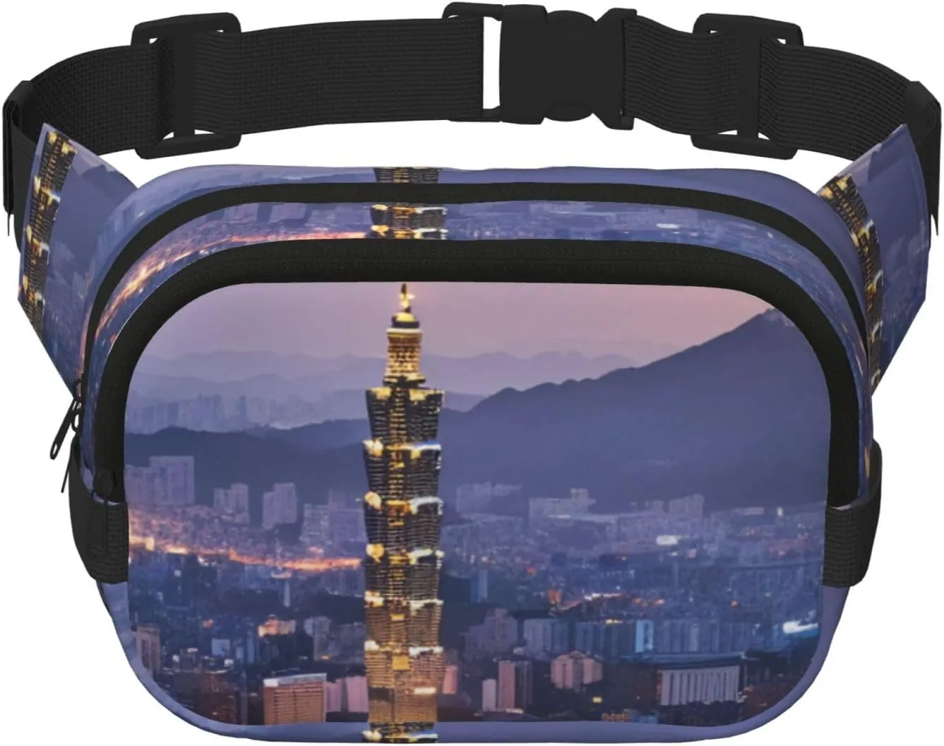 Double Layer Waist Bag for Men & Women,Adjustable Waterproof Running Belt,Multi-Functional Fanny Pack with Taipei Scenery Print for Travel,Hiking,Fitness