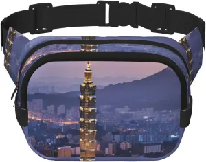 Double Layer Waist Bag for Men & Women,Adjustable Waterproof Running Belt,Multi-Functional Fanny Pack with Taipei Scenery Print for Travel,Hiking,Fitness