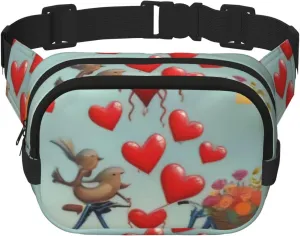Double Layer Waist Bag for Men & Women,Adjustable Waterproof Running Belt,Multi-Functional Fanny Pack with Two Hearts Fall in Love on Bicycle Print for Travel,Hiking,Fitness