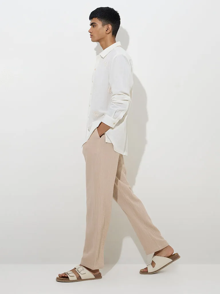 ETA Beige Textured Relaxed-Fit Mid-Rise Cotton Chinos