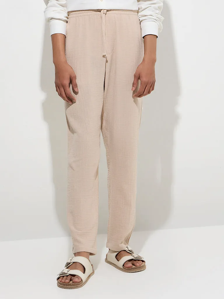 ETA Beige Textured Relaxed-Fit Mid-Rise Cotton Chinos