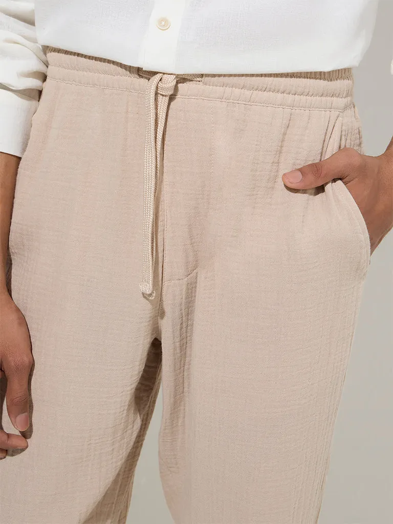 ETA Beige Textured Relaxed-Fit Mid-Rise Cotton Chinos