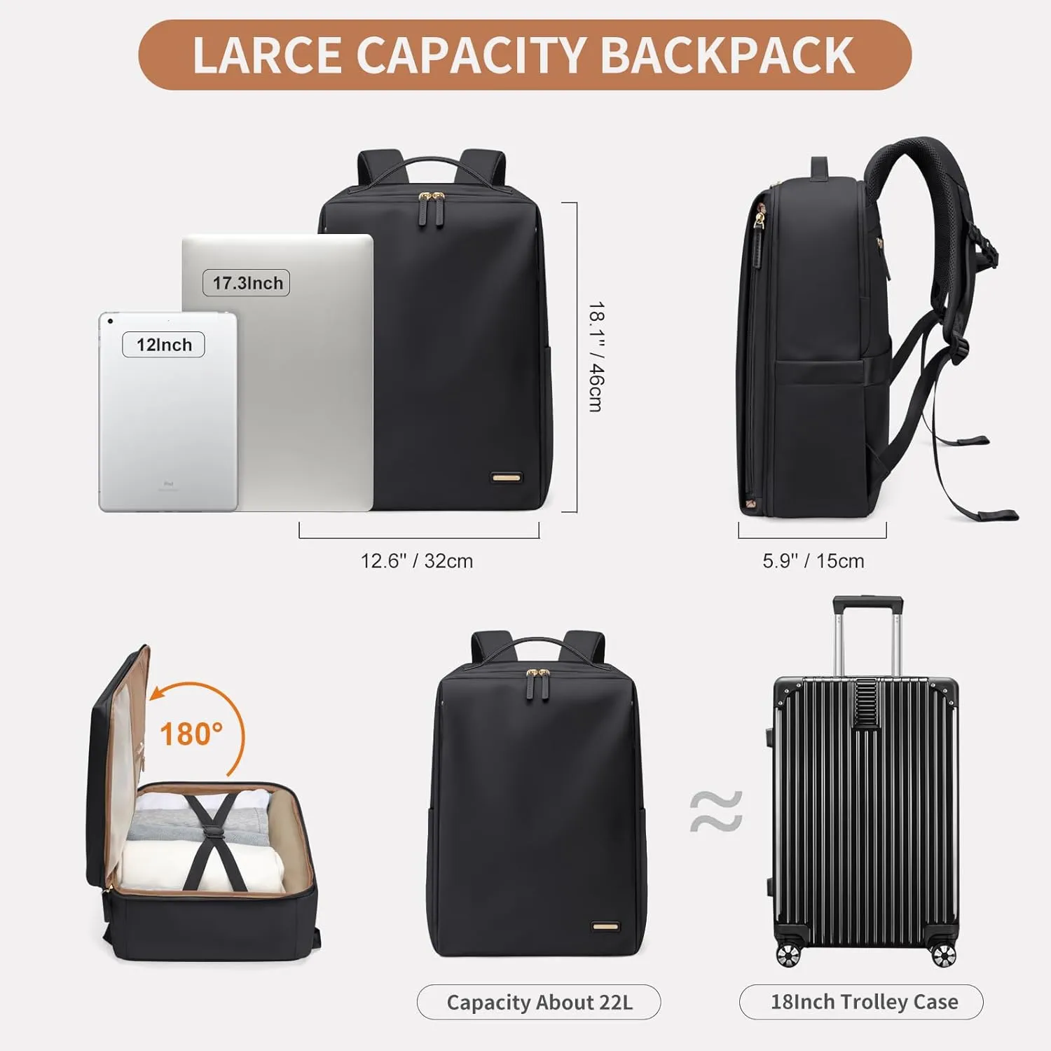 GOLF SUPAGS Stylish Laptop Backpack for Women Airline Approved Perfect for Work College and Travel Multi-Functional Casual Daypack Fits 17.3 Inch Notebook (Black)