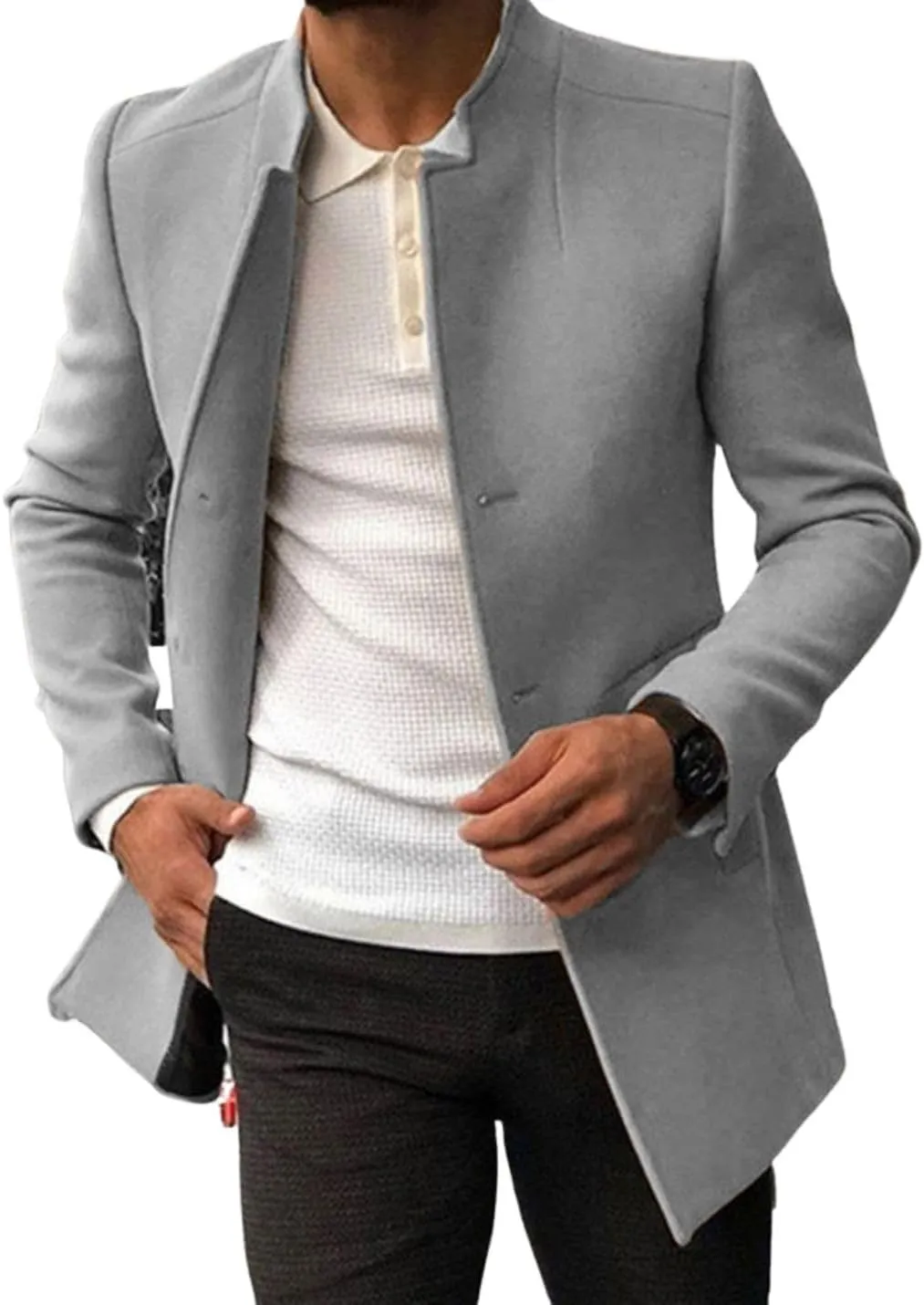Kinkia Mens Wool Blend Pea Coat Winter Classic Slim Fit Single Breasted Mid Long Business Trenchcoat Overcoat