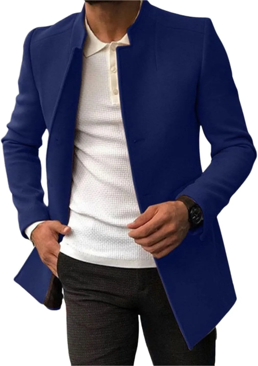 Kinkia Mens Wool Blend Pea Coat Winter Classic Slim Fit Single Breasted Mid Long Business Trenchcoat Overcoat