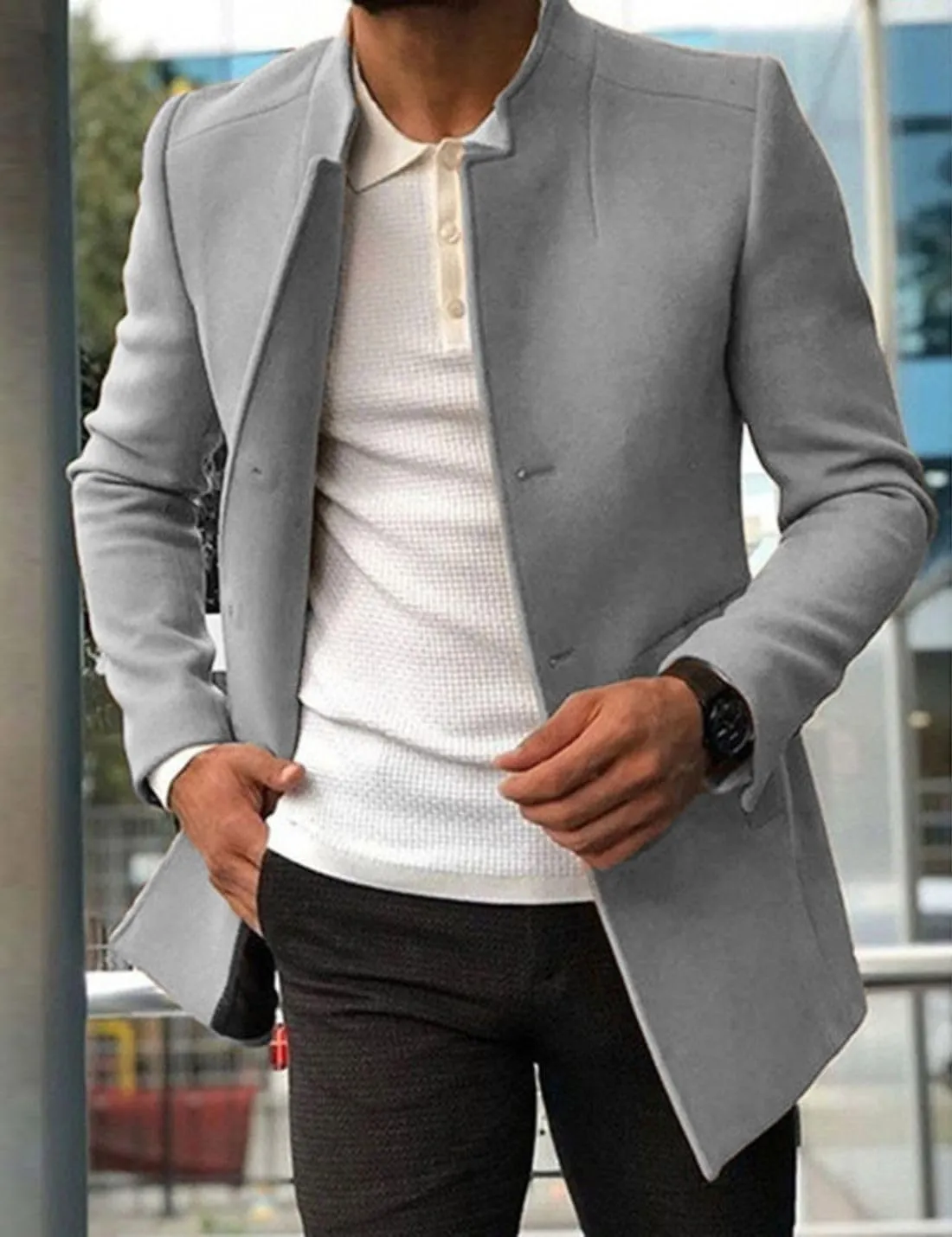 Kinkia Mens Wool Blend Pea Coat Winter Classic Slim Fit Single Breasted Mid Long Business Trenchcoat Overcoat