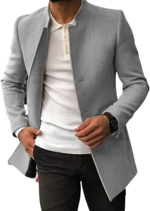 Kinkia Mens Wool Blend Pea Coat Winter Classic Slim Fit Single Breasted Mid Long Business Trenchcoat Overcoat