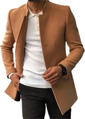 Kinkia Mens Wool Blend Pea Coat Winter Classic Slim Fit Single Breasted Mid Long Business Trenchcoat Overcoat