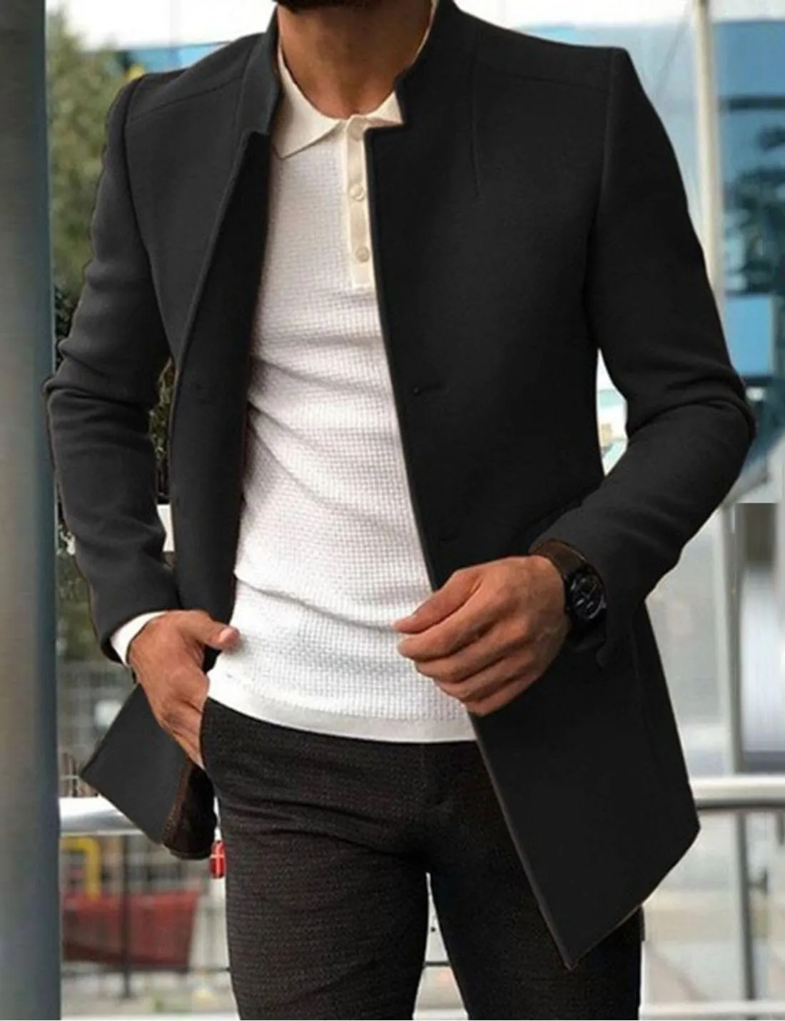 Kinkia Mens Wool Blend Pea Coat Winter Classic Slim Fit Single Breasted Mid Long Business Trenchcoat Overcoat